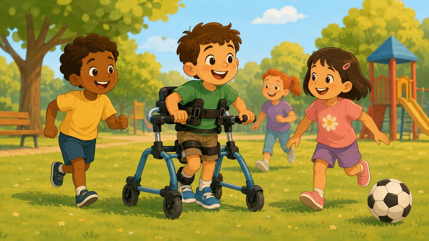 A happy boy using a mobility walker playing soccer with his diverse group of friends at a park.