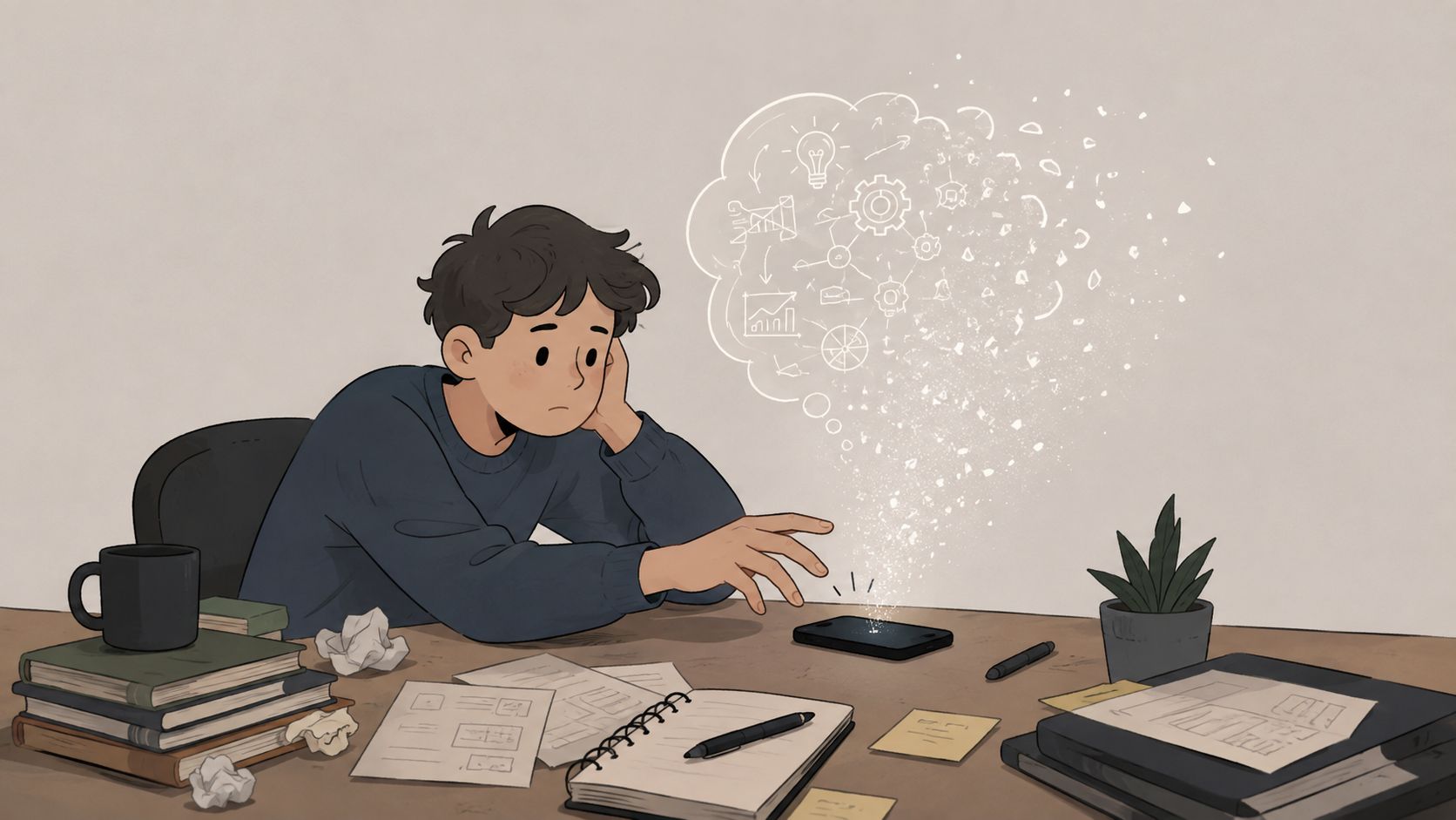A young student looking thoughtfully at a glowing digital interface emerging from a smartphone on a desk.