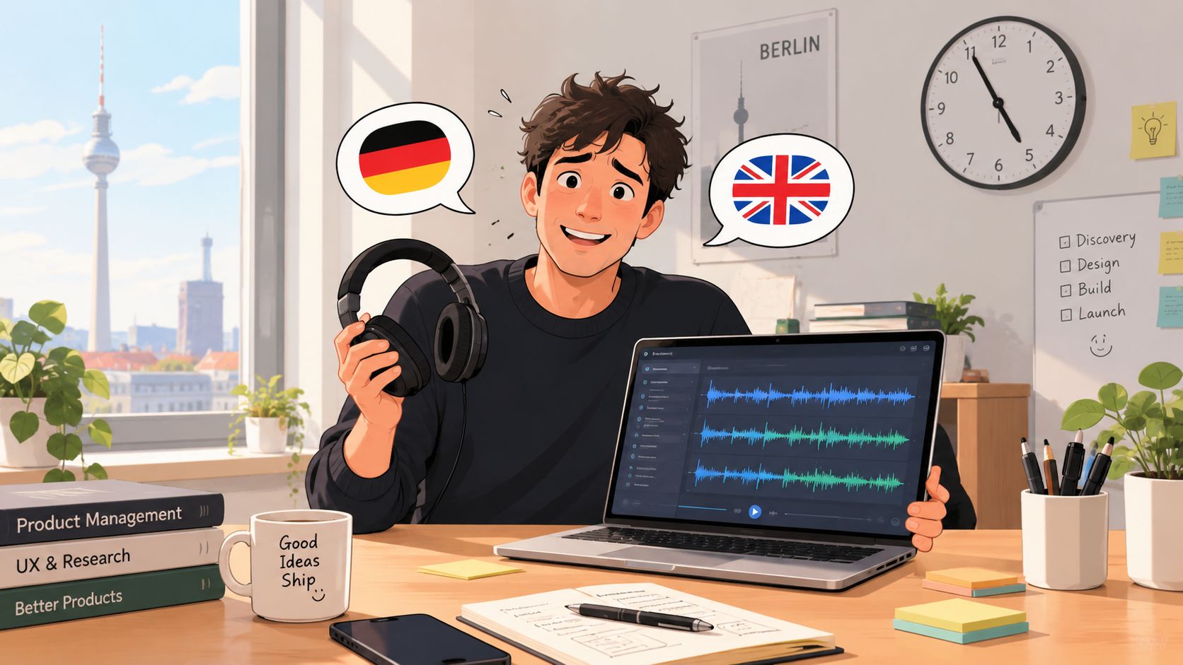A young man sits at a desk with a laptop, holding headphones between German and British flag bubbles.