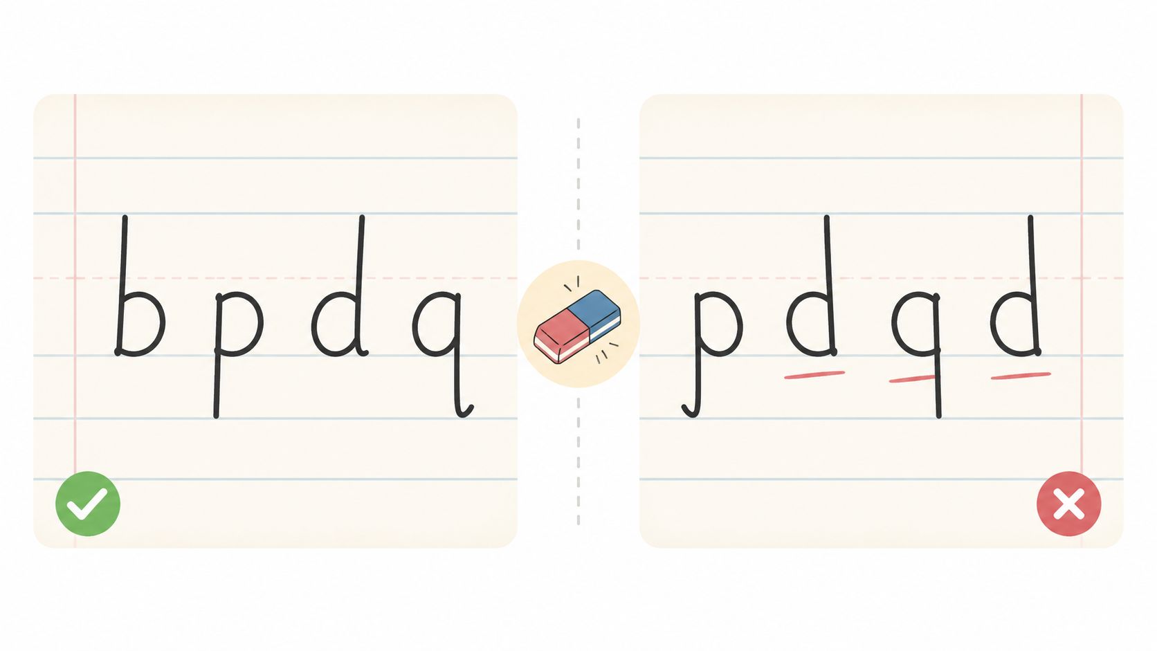 A comparison of correctly written letters b, p, d, q versus incorrectly reversed letter examples.