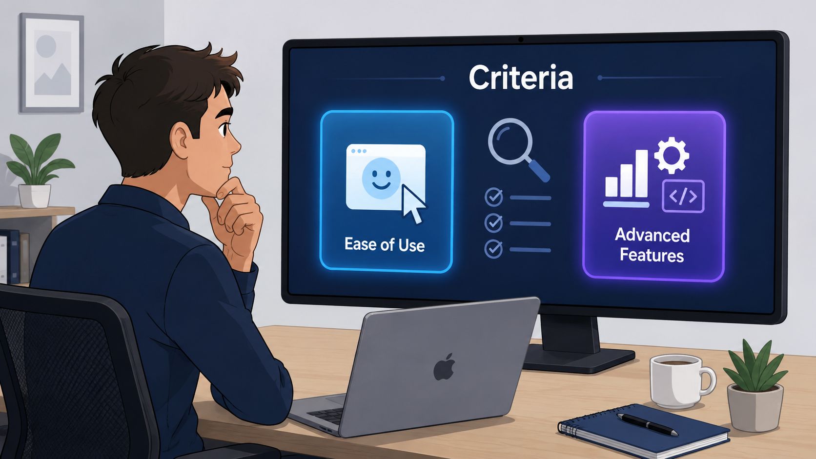 A person sitting at a desk looking at a computer screen showing criteria for software evaluation.