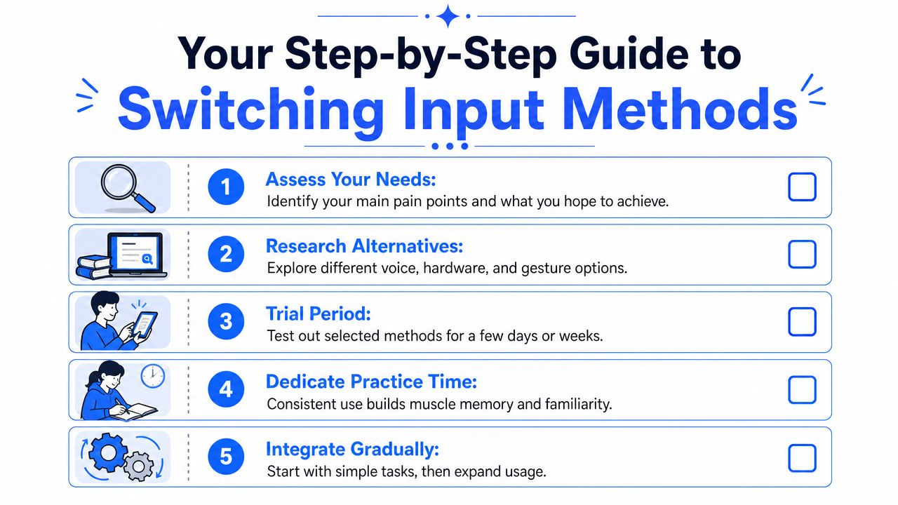 An infographic detailing five steps for switching input methods, illustrated with icons and concise text descriptions.
