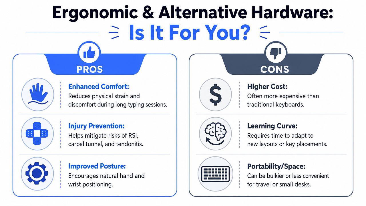 A comparison infographic presenting the pros and cons of using ergonomic and alternative computer keyboards.