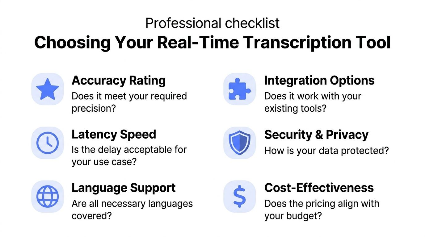 A professional checklist for selecting a real-time transcription tool, highlighting key evaluation factors and features.