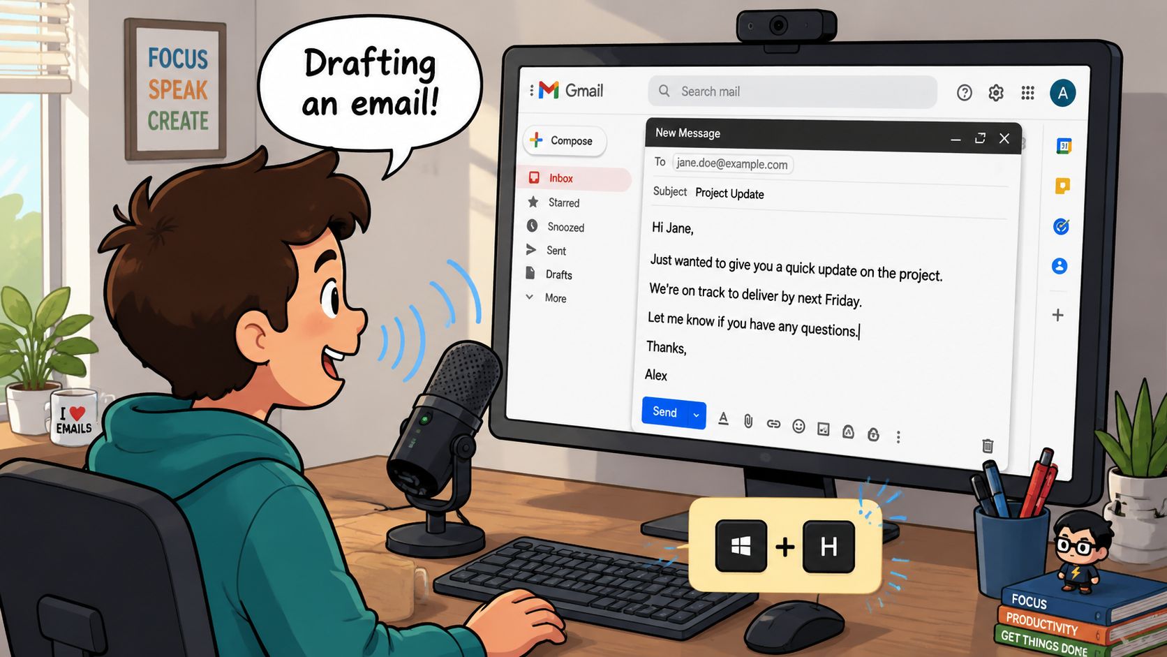 A young boy using voice dictation software to type a business email on his computer screen.