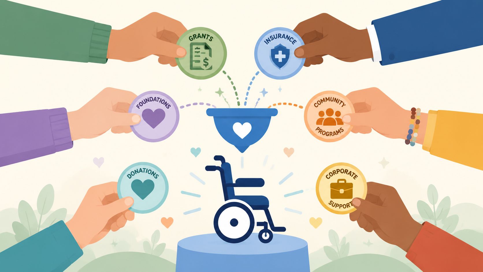 Multiple diverse hands placing funding icons into a funnel to support a wheelchair for adaptive technology.