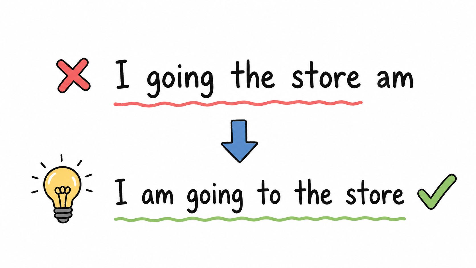 A grammar correction graphic showing the incorrect phrase I going the store am fixed to the correct version.