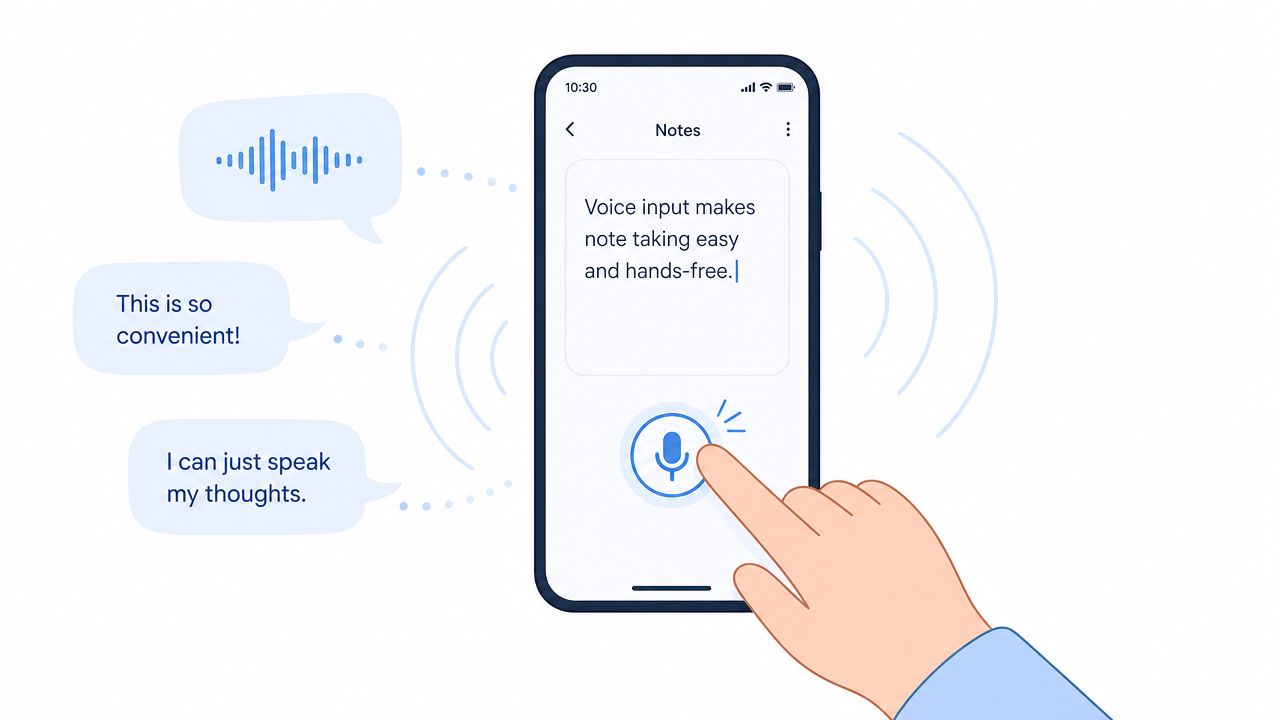 A hand pressing a microphone icon on a smartphone to dictate notes using voice input technology.