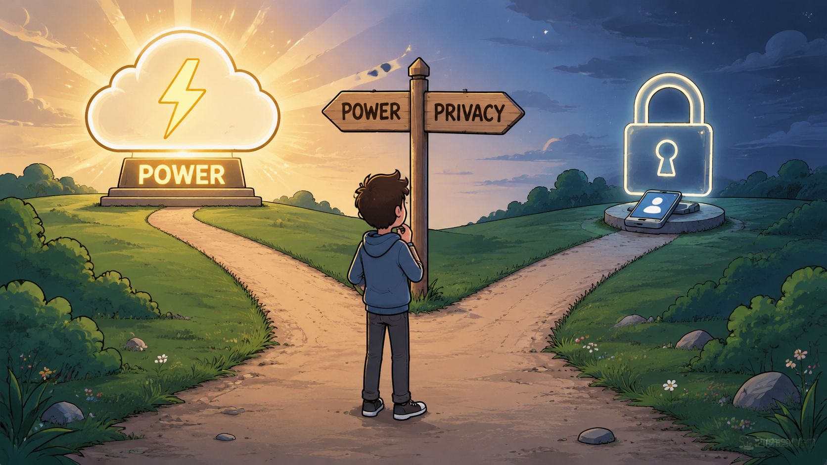 A person standing at a fork in the road choosing between power and privacy.