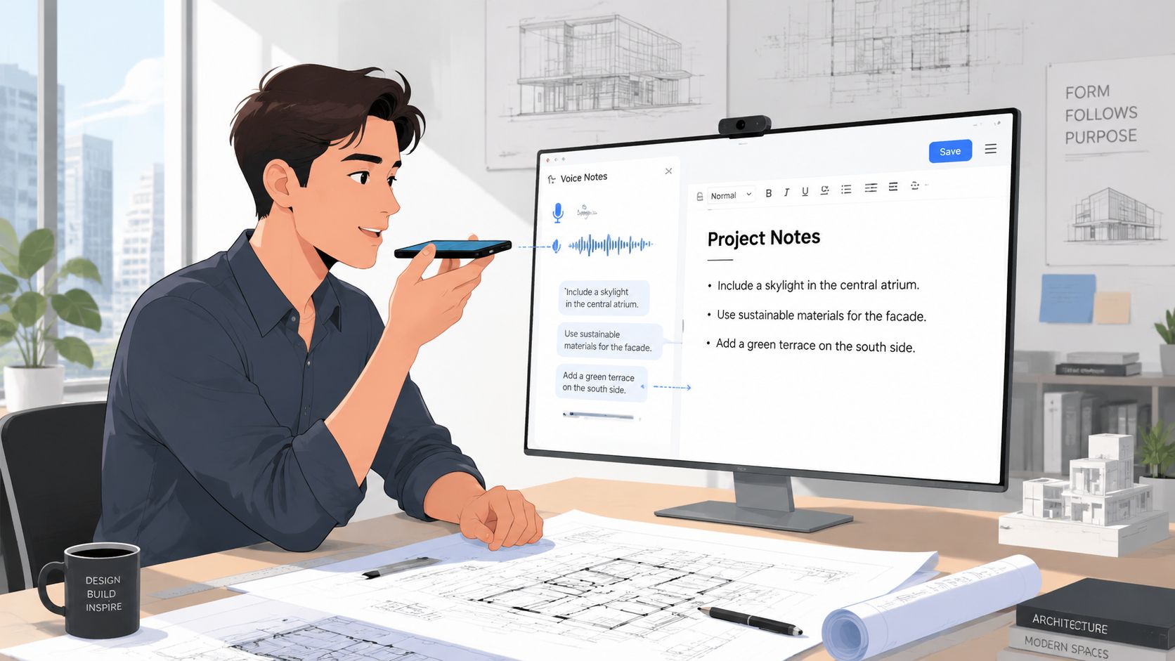 An architect speaking into a phone to transcribe project notes onto a computer screen.