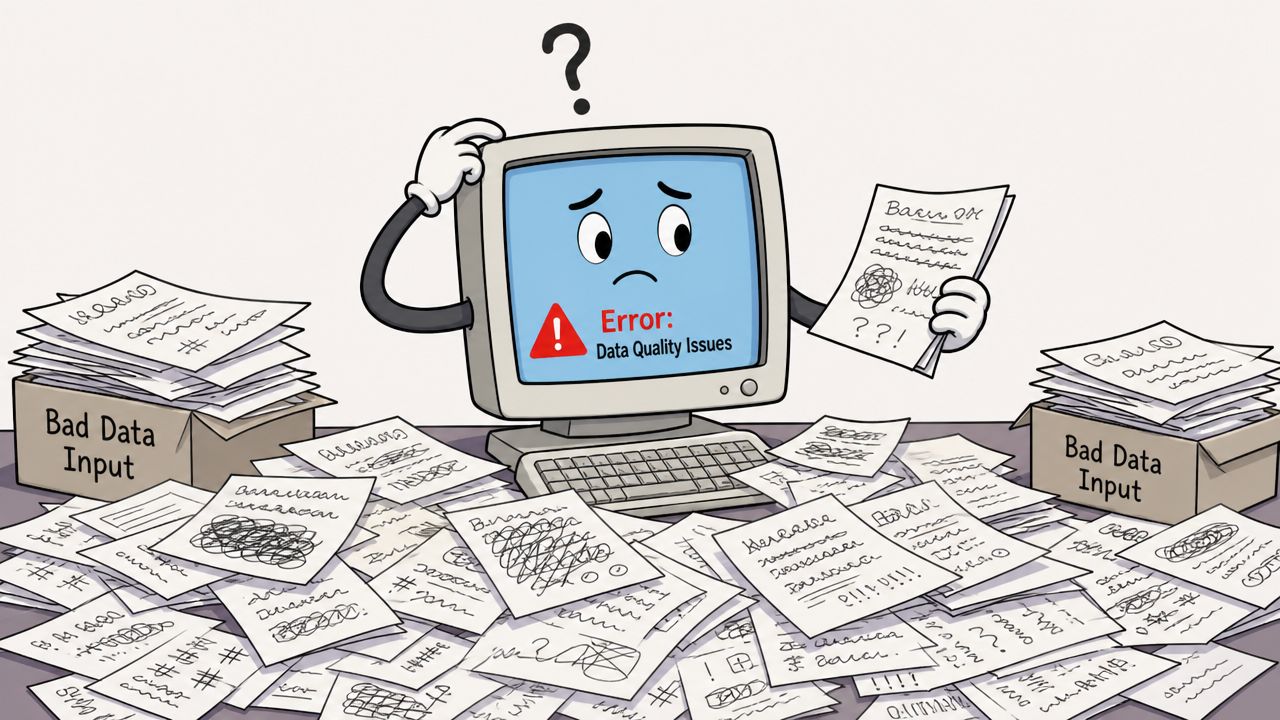 A confused computer character surrounded by piles of messy paperwork representing poor data quality and errors.