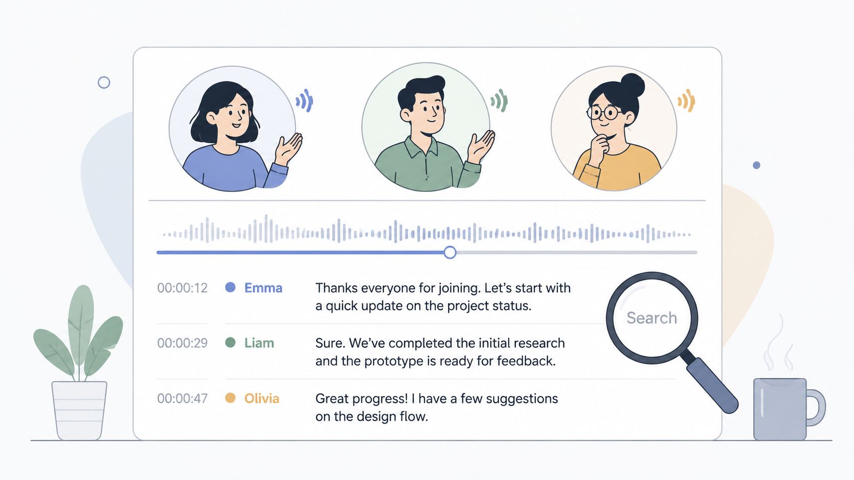 A digital interface showing a group meeting transcript with audio waveforms, search functionality, and avatars of participants.