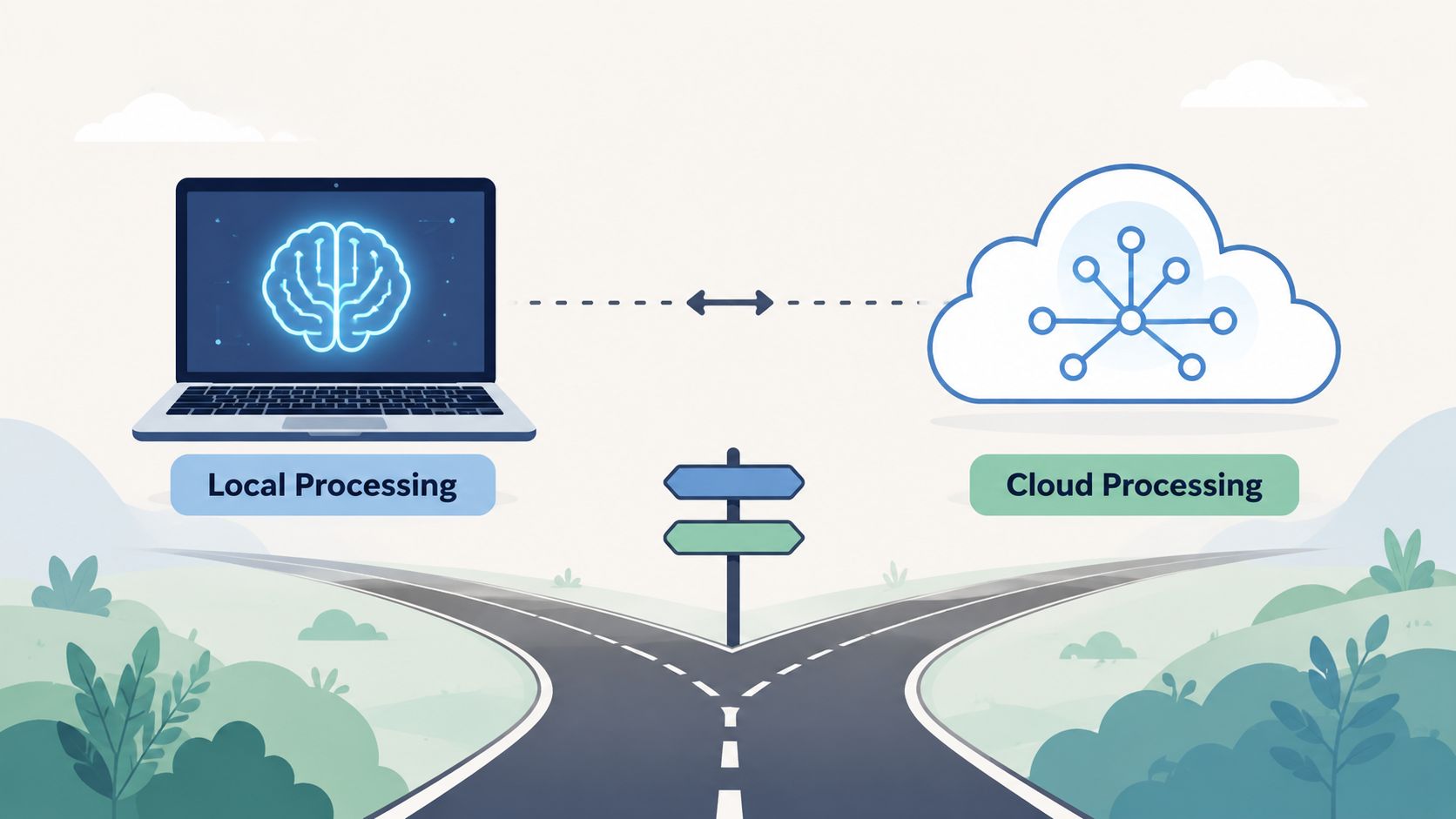 A digital illustration showing a choice between local AI processing on a laptop and cloud-based AI processing.