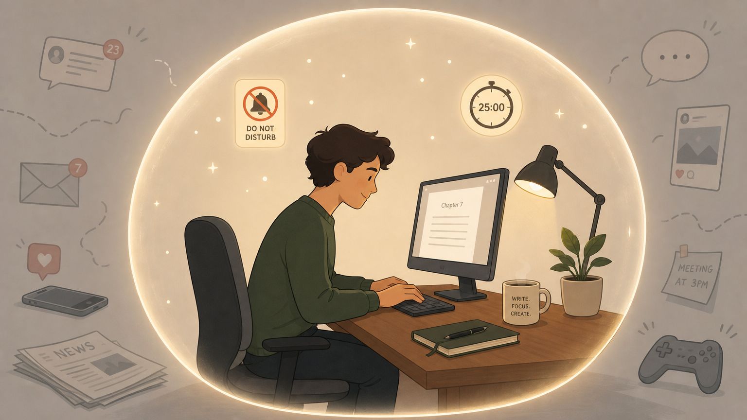A focused man working on a computer inside a glowing bubble, shielded from digital distractions.