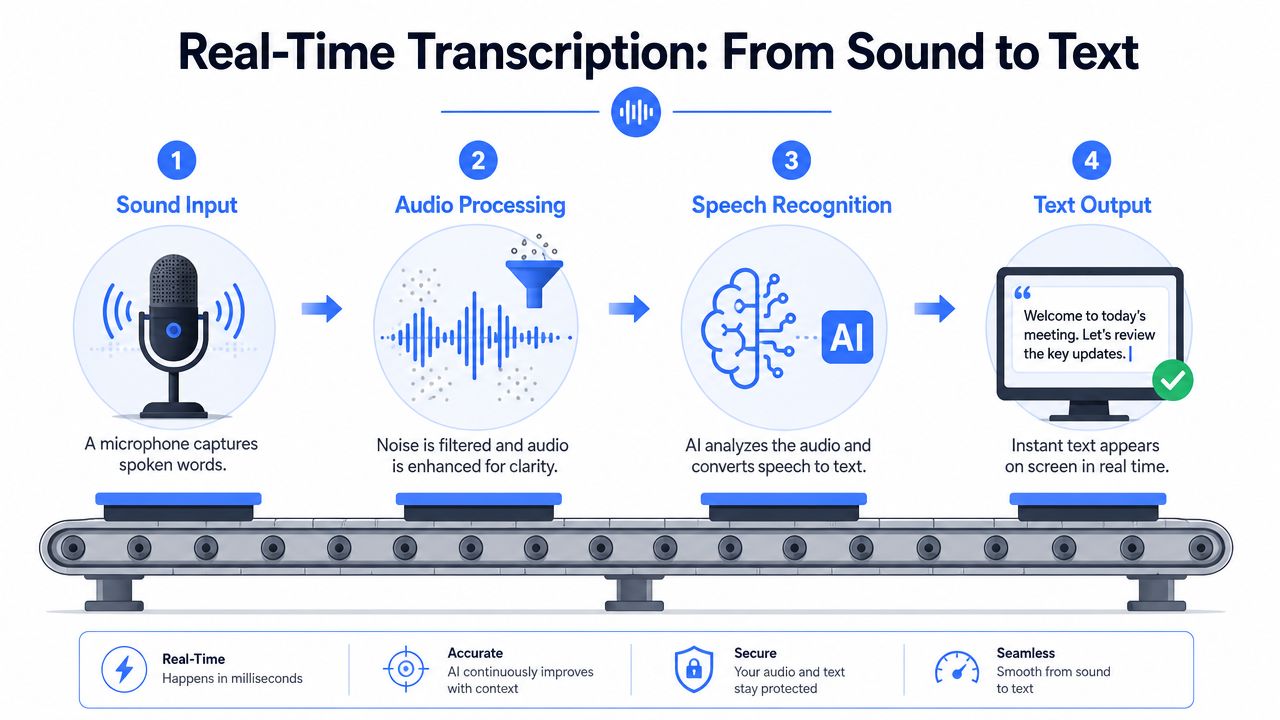 A diagram illustrating the four-step real-time transcription process from sound input to text output using AI.