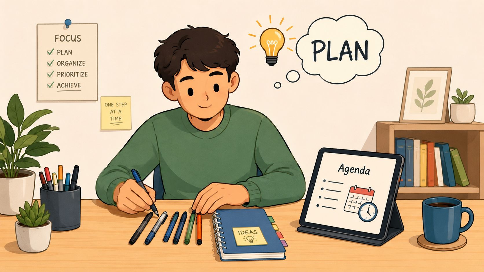 An illustration of a young man organizing his schedule and planning tasks at a wooden desk.