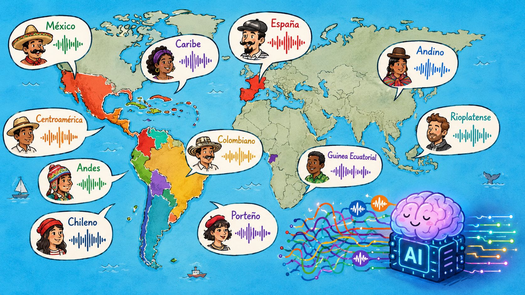 A map illustration depicting various Spanish regional accents with speech waves and an AI brain processor.