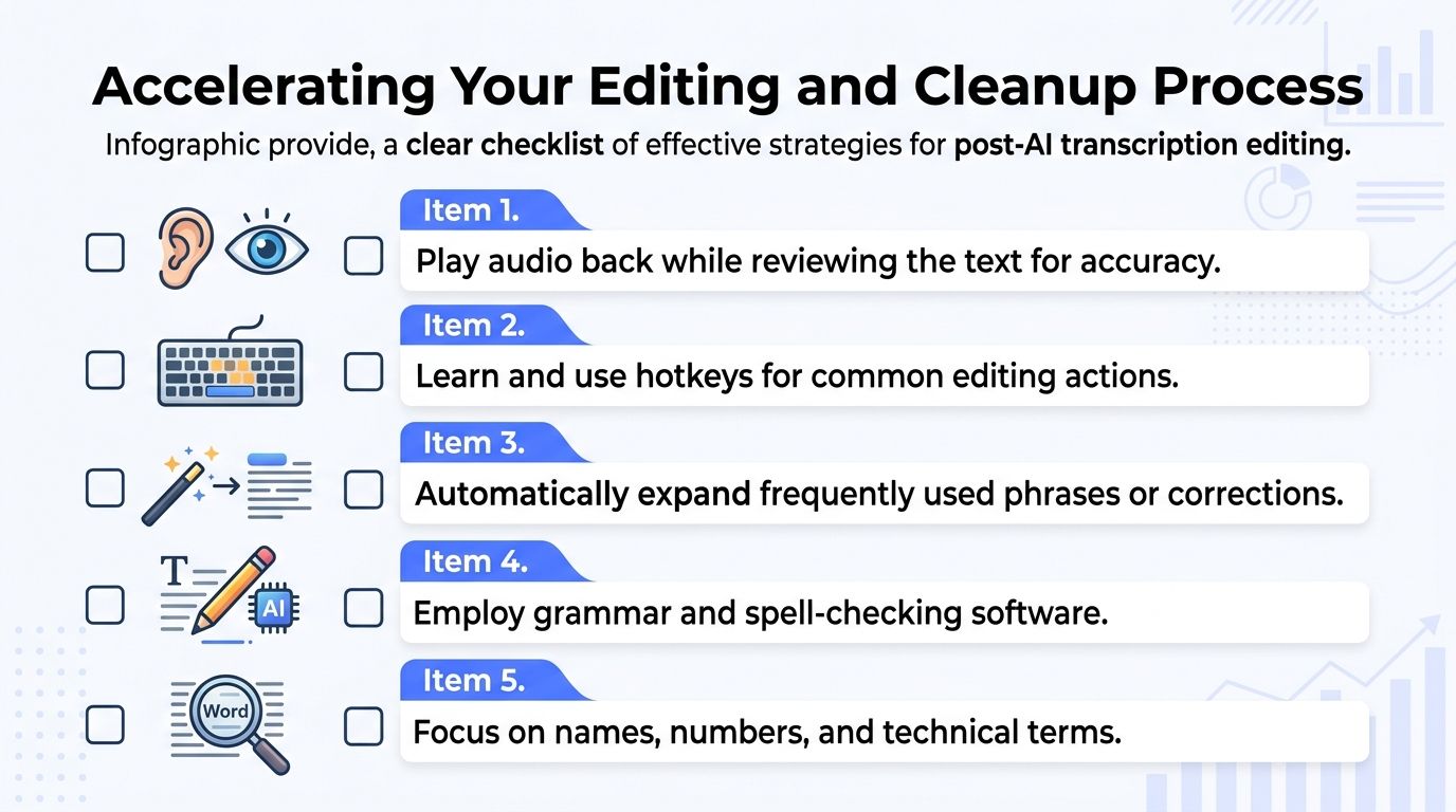 An infographic checklist showing five effective strategies for improving the accuracy and speed of post-AI transcription editing.
