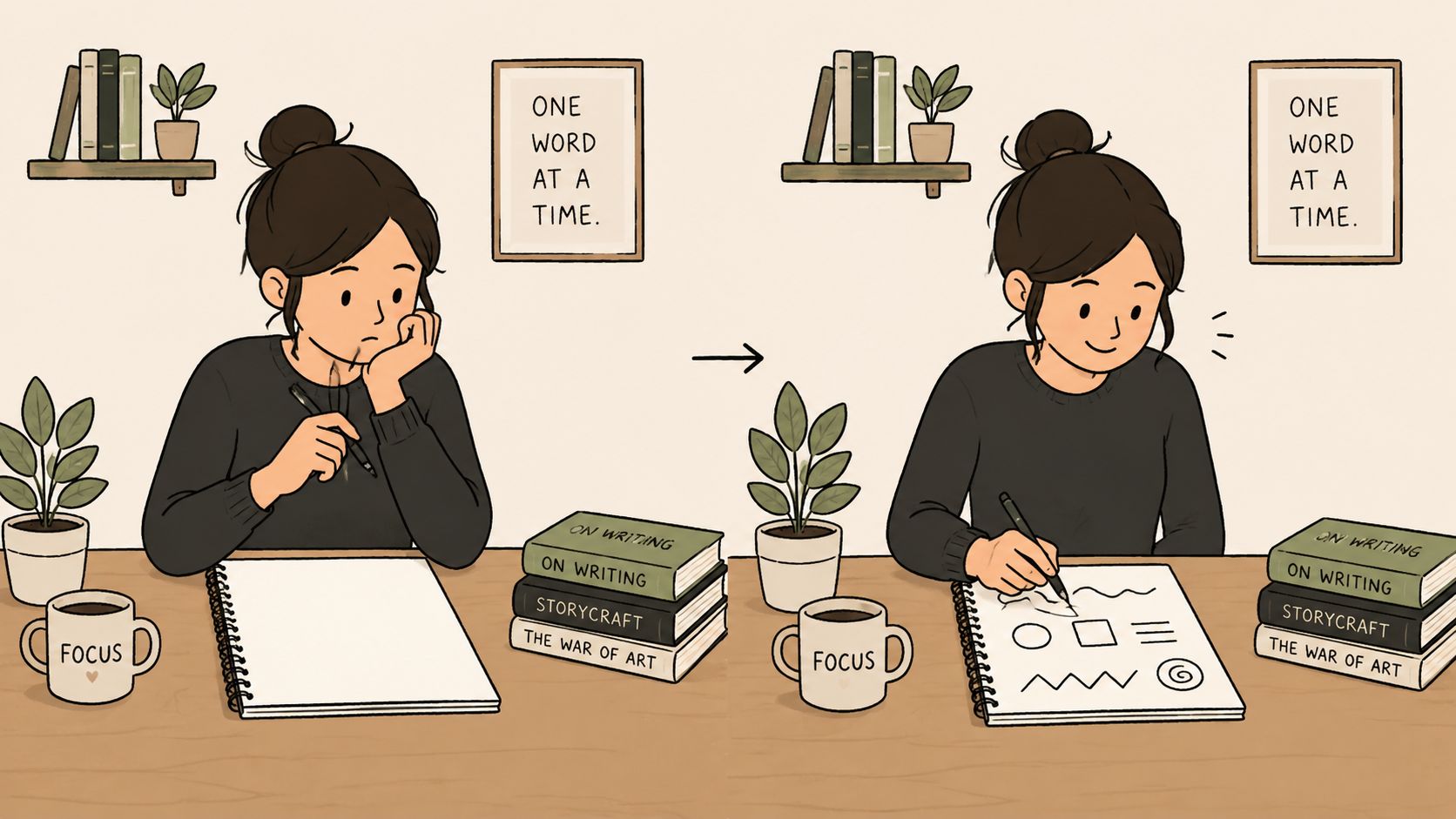 A split-screen illustration showing a writer moving from a state of frustration to being in flow.