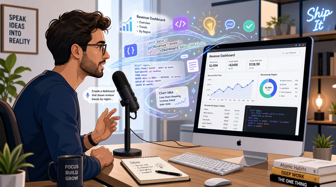 A professional man using voice dictation software on a Mac to build a dynamic revenue dashboard.