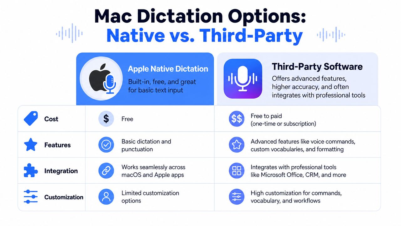 A comparison chart showing the differences between Apple native dictation and third-party voice software options for Mac.