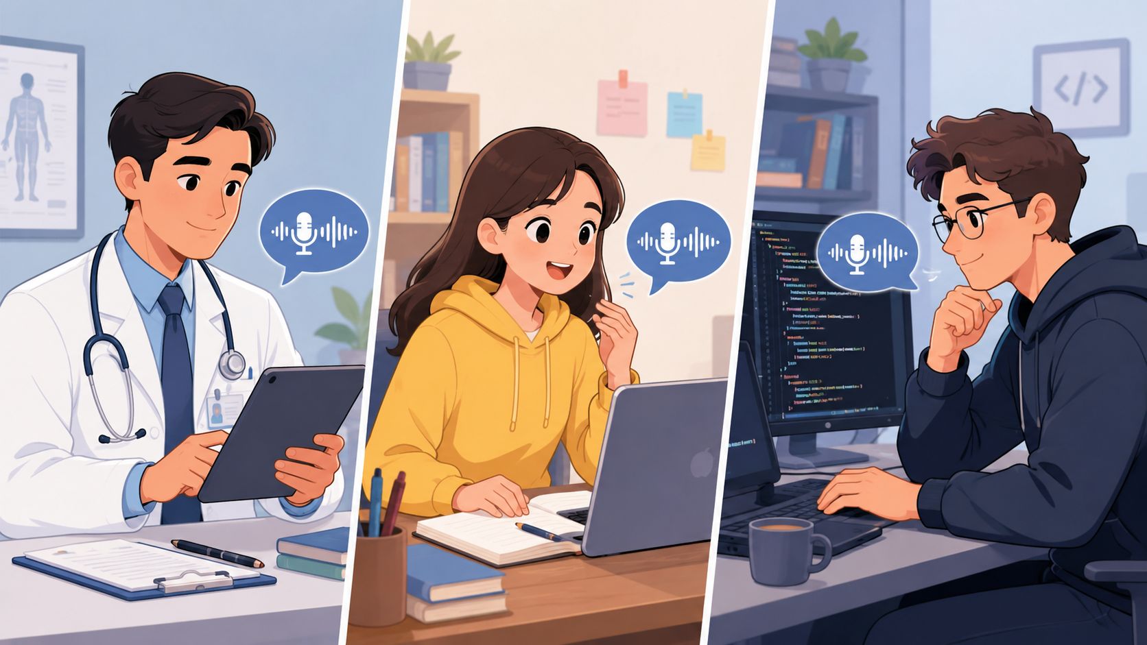 Three professional people using voice-activated AI tools for medicine, education, and software development tasks.