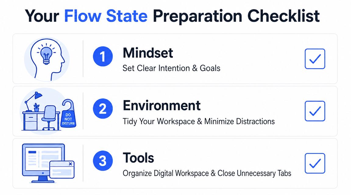 A checklist for achieving flow state, showing three steps: mindset, environment, and tools for focus.