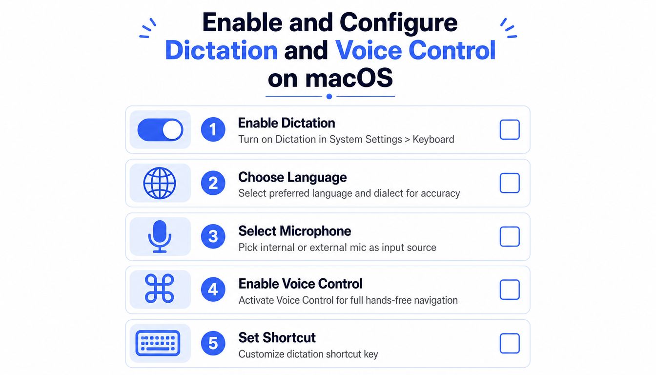 An instructional graphic showing five steps to enable and configure Dictation and Voice Control on macOS settings.