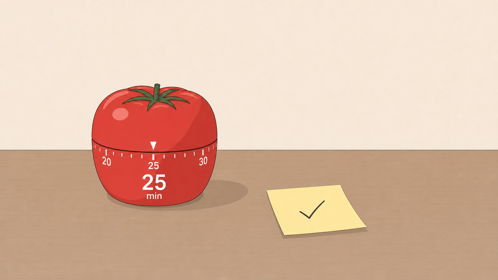 A red tomato-shaped kitchen timer set to 25 minutes sitting next to a yellow sticky note.