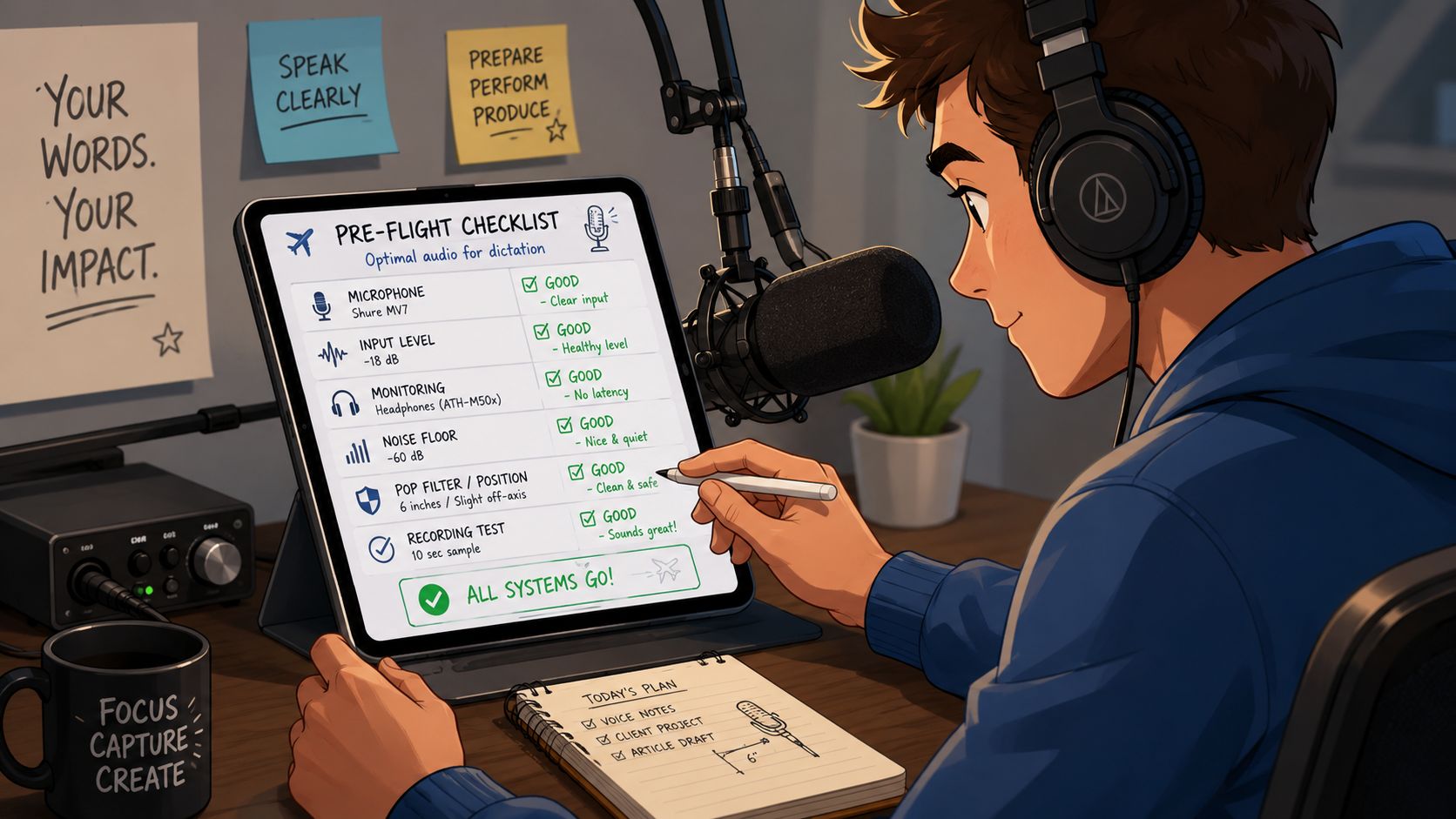 A young man recording audio in his home studio using a microphone and a tablet checklist.