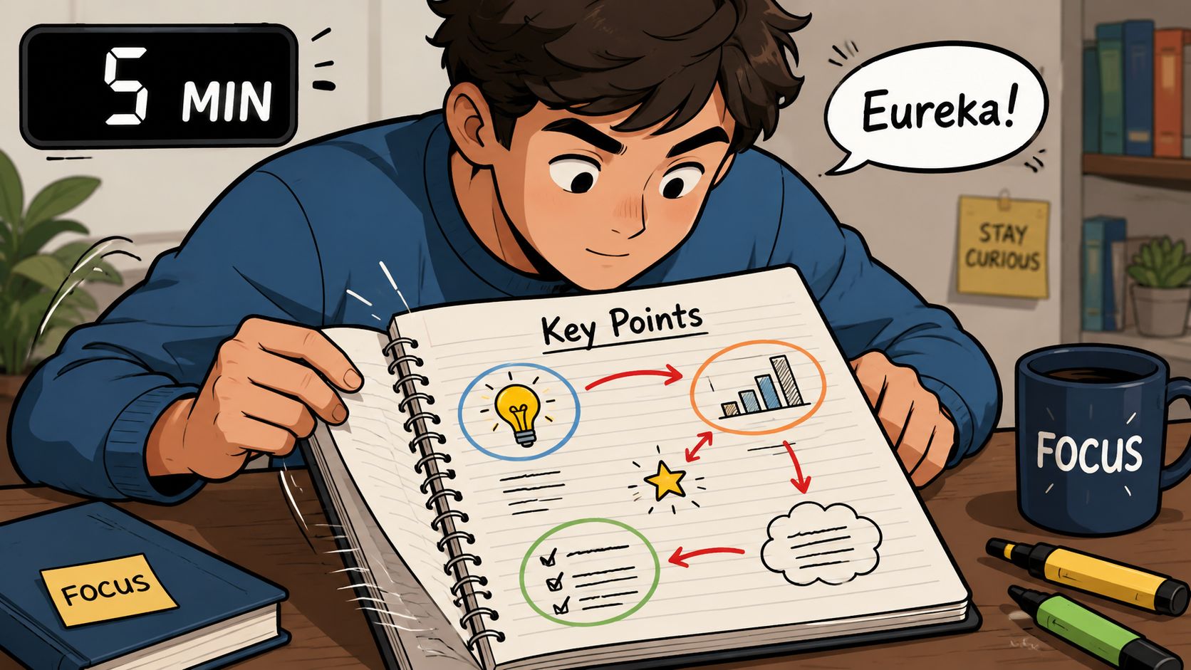 A student focused on taking notes in a journal with diagram illustrations and an eureka expression.
