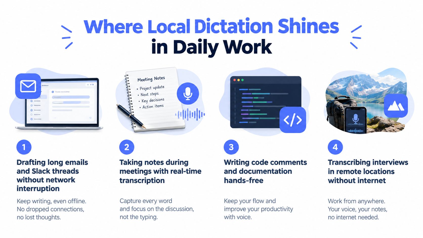 An infographic detailing four professional use cases for local dictation software in daily work scenarios.