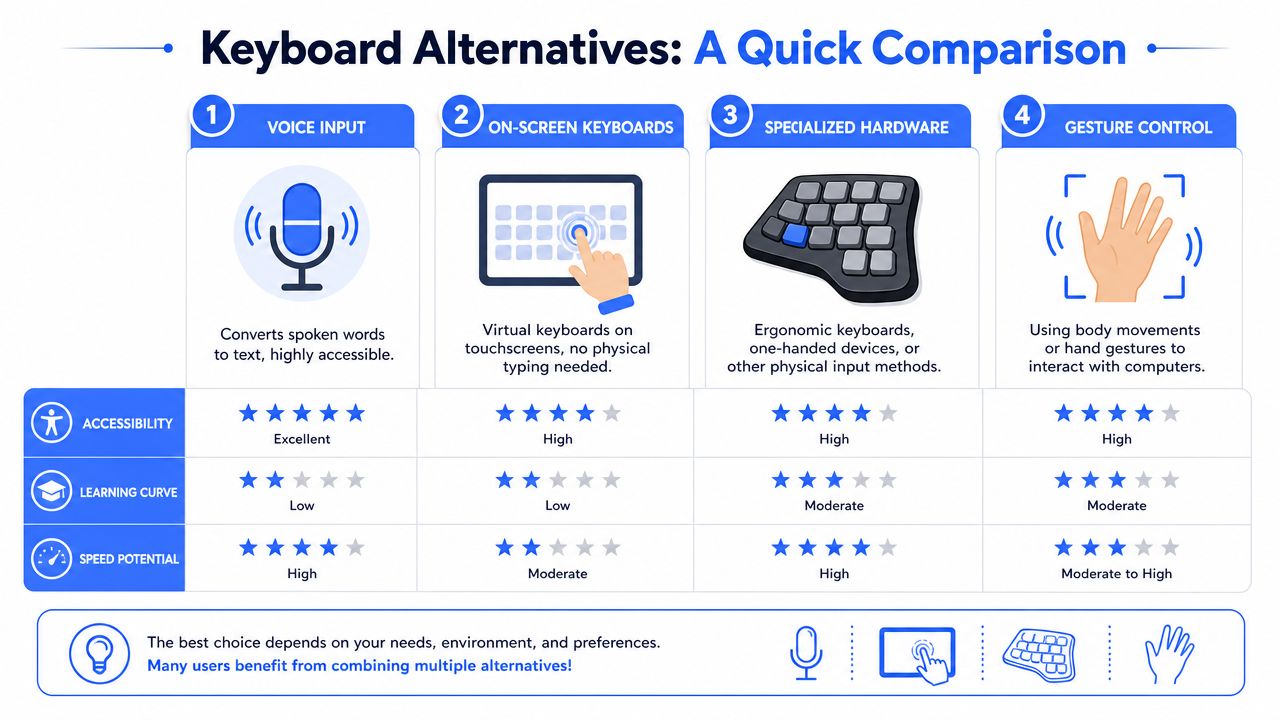 A comparison chart showing four keyboard alternatives: voice input, on-screen keyboards, specialized hardware, and gesture control.