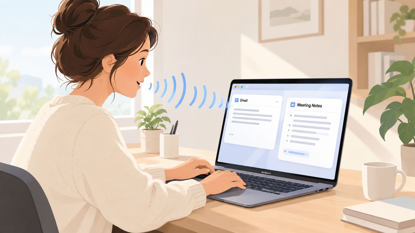 A young woman sitting at a desk and dictating content into her MacBook for email and notes.