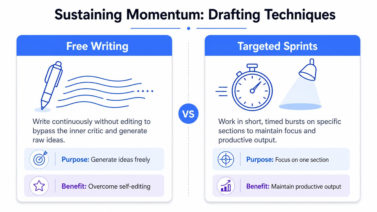 A comparison chart showing two writing techniques: free writing and targeted sprints for sustaining momentum.