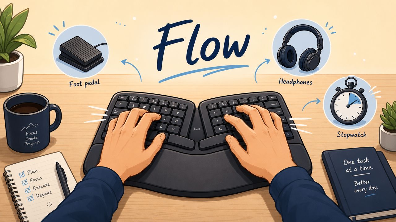A top-down illustration of a person typing on an ergonomic keyboard surrounded by productivity tools for focus.