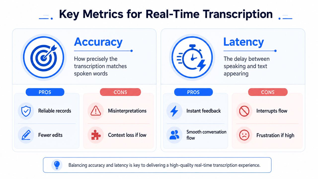 An infographic comparing accuracy and latency as the two key metrics for real-time transcription software.