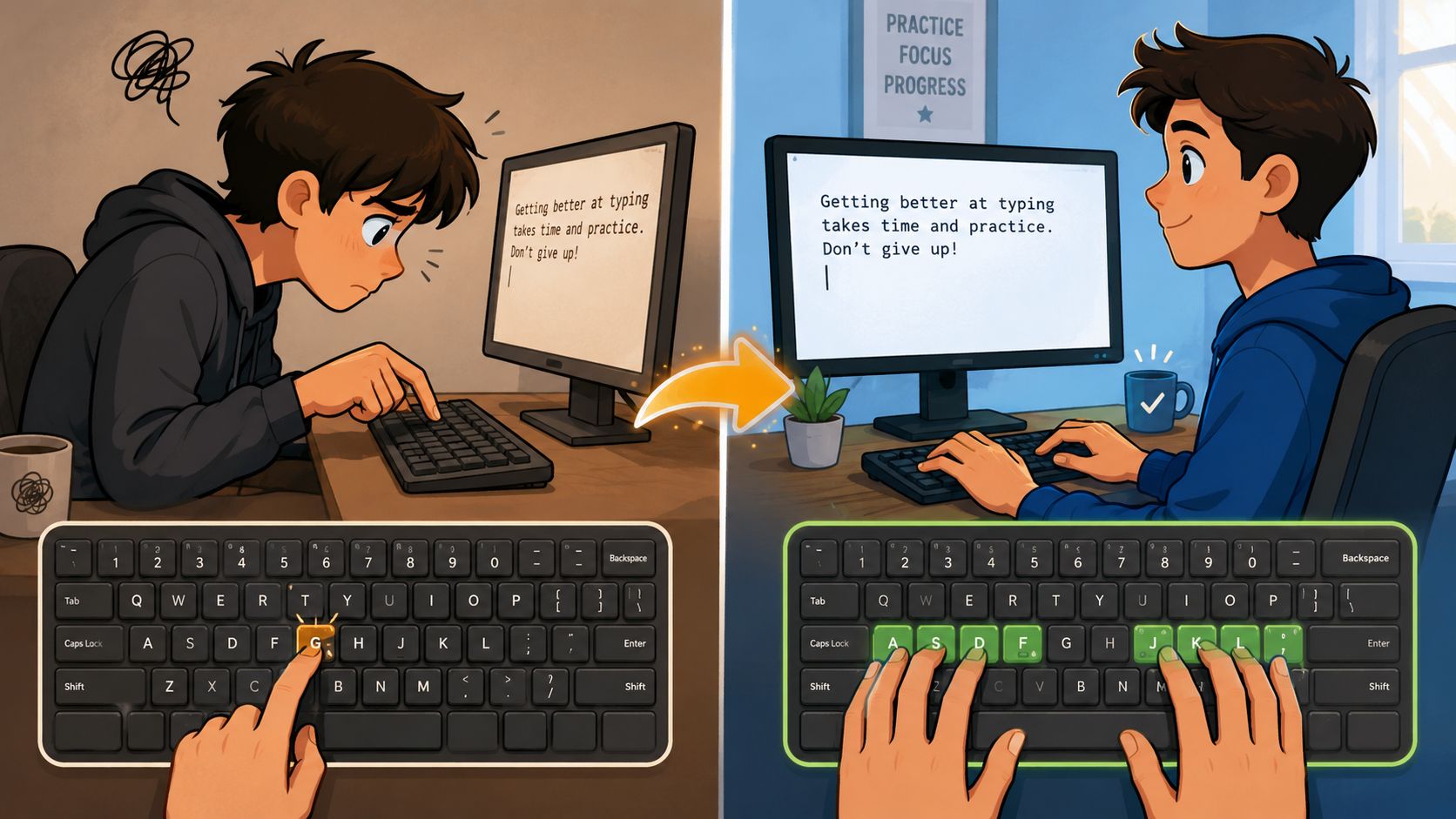 A split screen illustration comparing slow, hunt-and-peck typing with efficient touch typing on a computer keyboard.