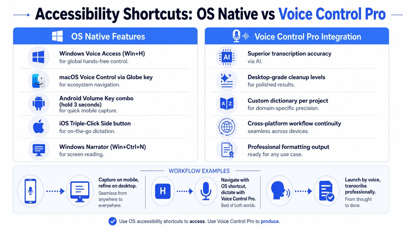 A comparison chart showing how to use OS native accessibility shortcuts alongside Voice Control Pro integration features.