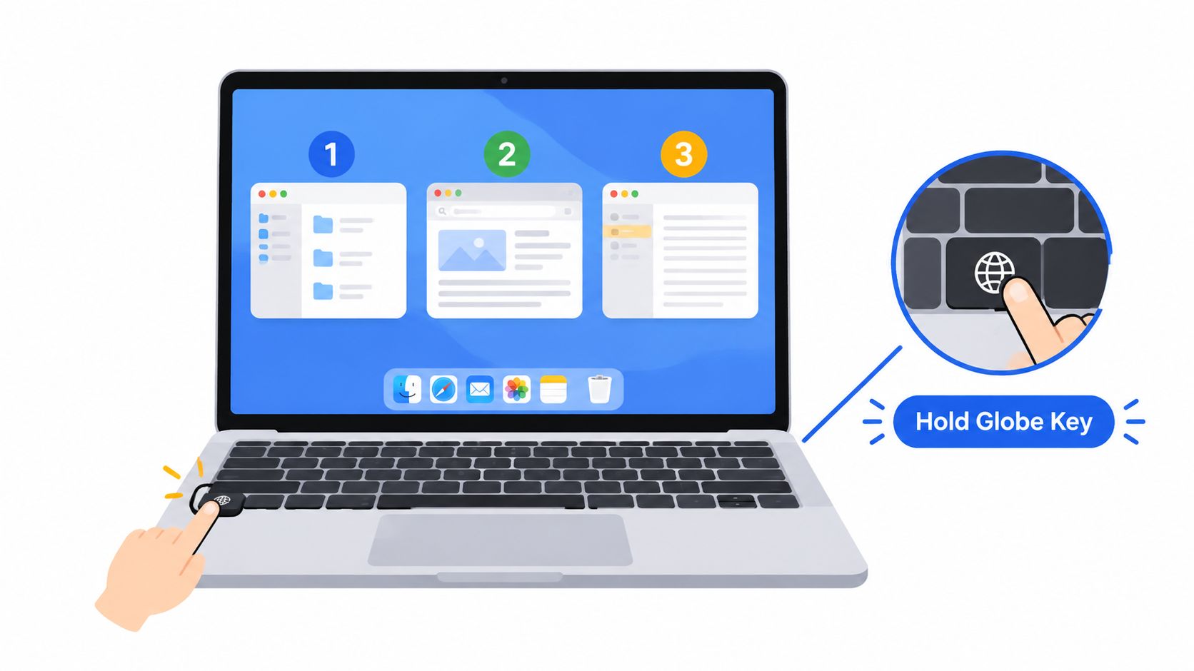 An illustration showing a user holding the globe key on a laptop keyboard to access multitasking shortcuts.