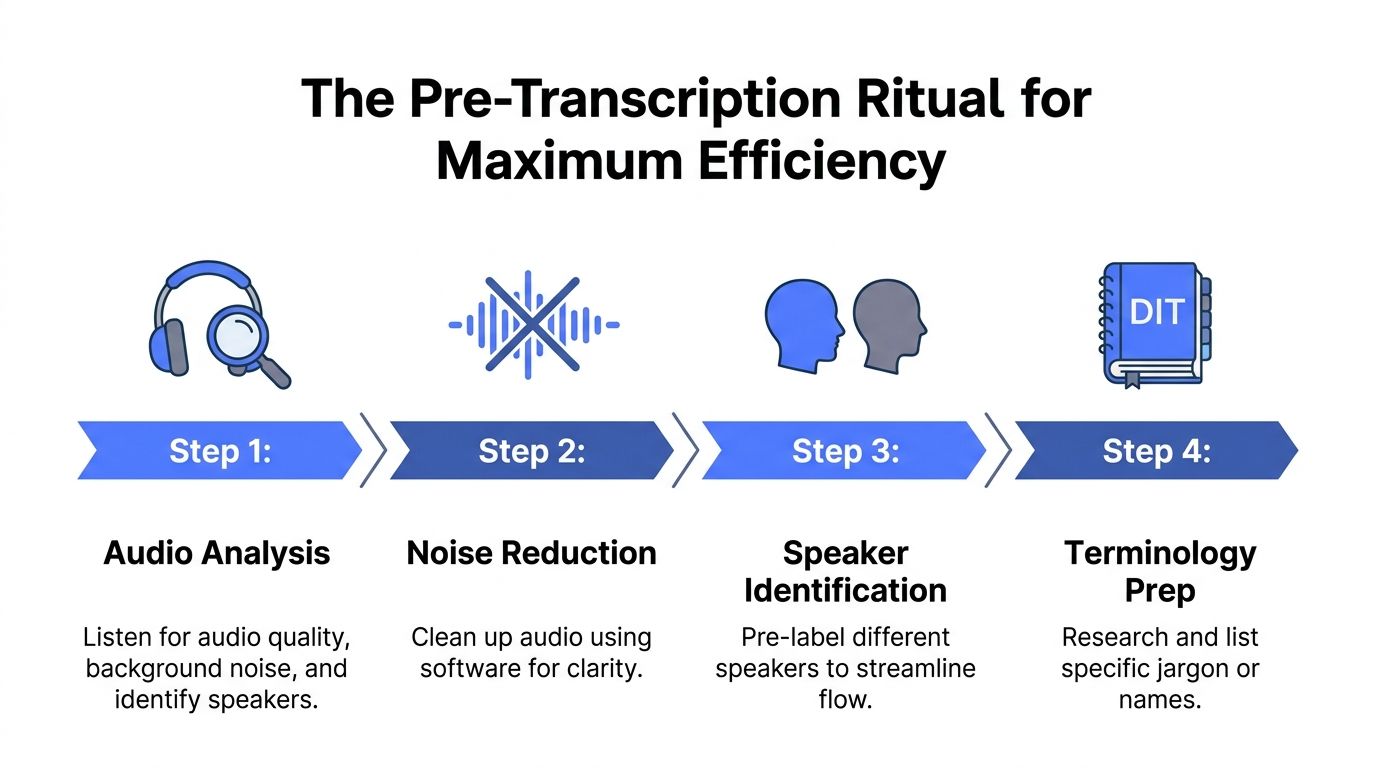 A four-step infographic showing the pre-transcription preparation process to improve efficiency when transcribing audio recordings.