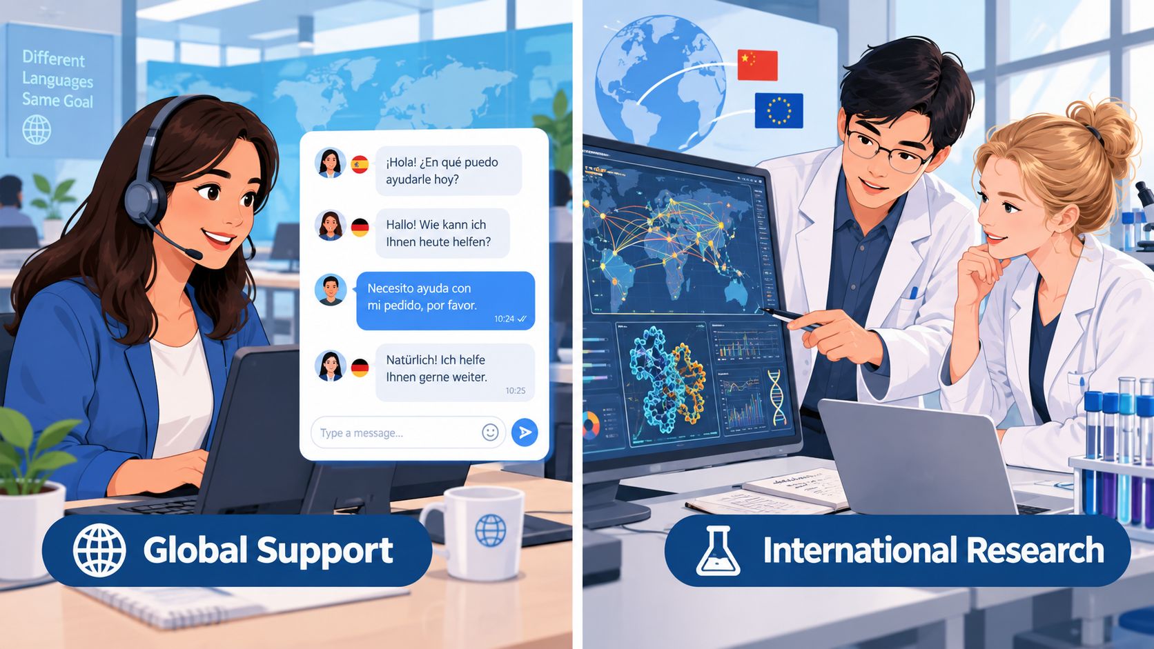 A split image showing a customer support agent on a chat and scientists conducting international research.