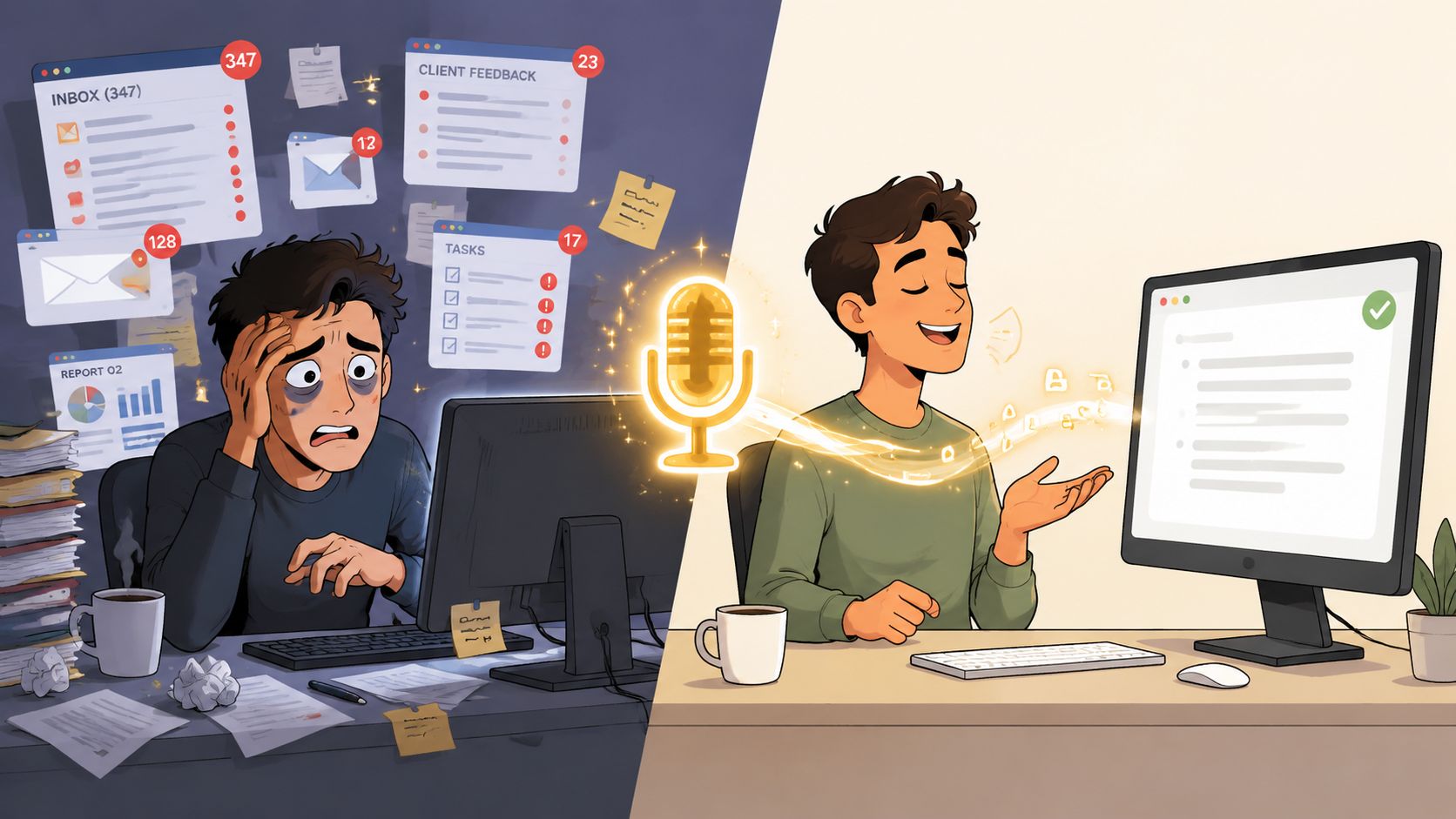 A split image showing a stressed person typing compared to someone using voice to text technology easily.