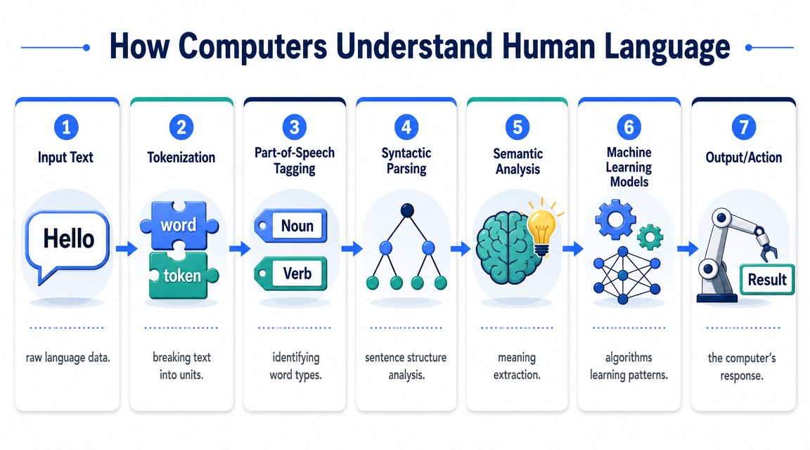 A seven-step flowchart illustration explaining the process of how computers understand human language through natural language processing.