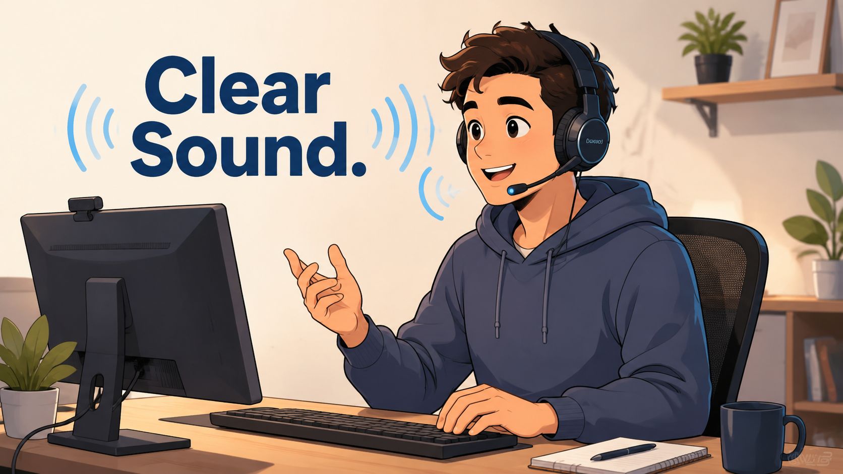 An anime-style young man wearing a headset while sitting at his computer desk with clear sound.