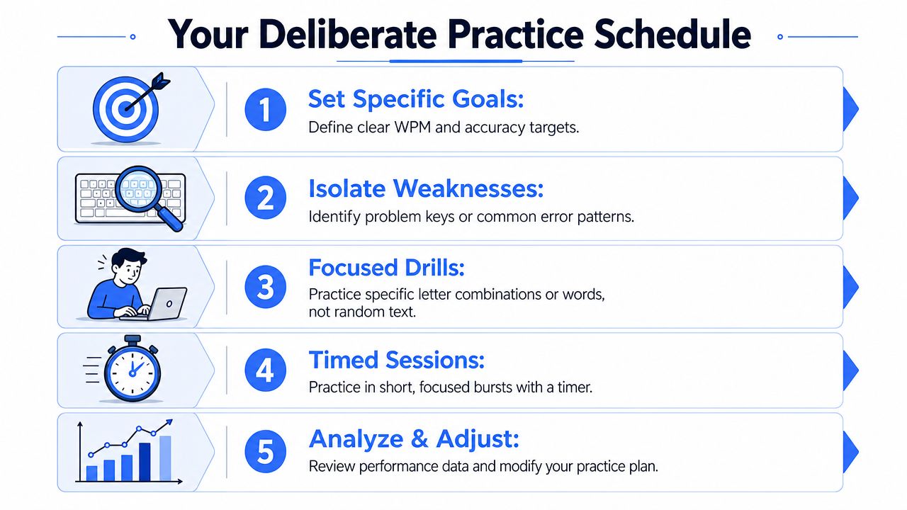A five-step guide for deliberate typing practice to help improve your typing speed and accuracy.