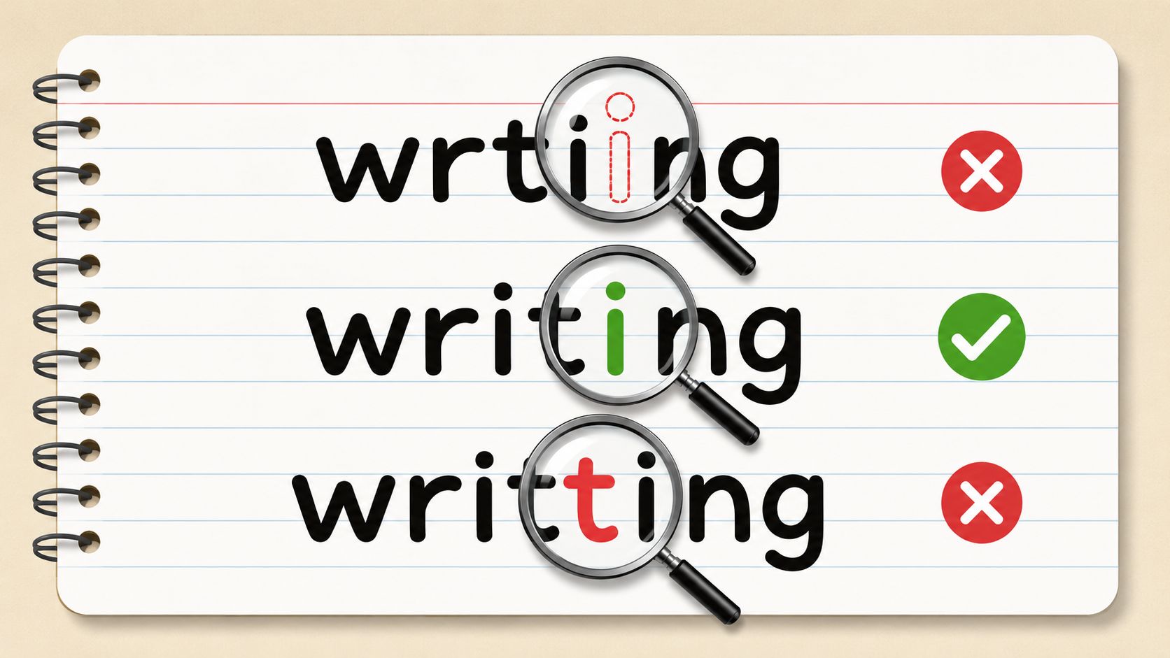 A notebook page displaying three versions of the word writing, highlighting spelling errors using magnifying glasses.