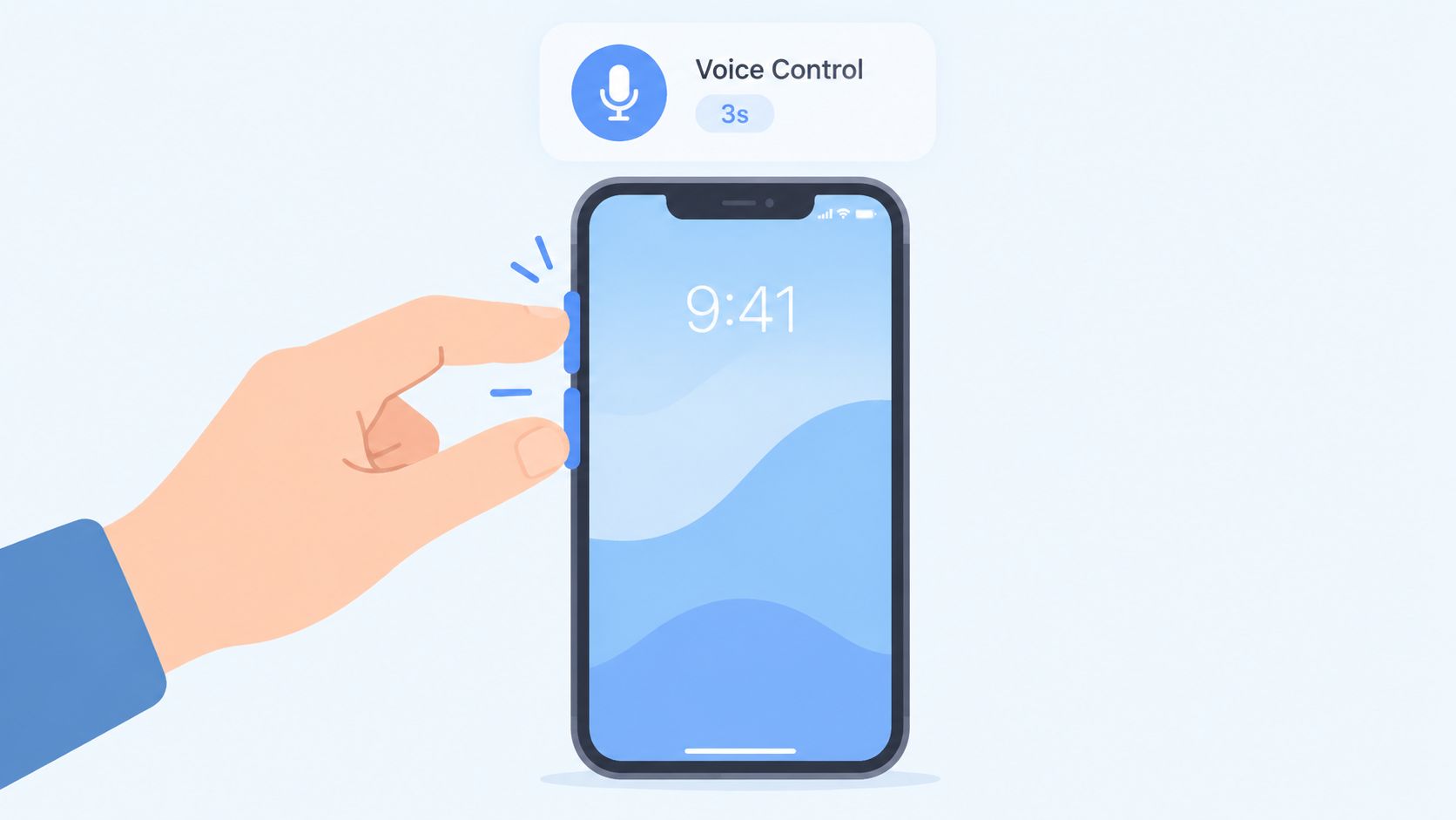 An illustration showing a finger pressing two side buttons on an iPhone to trigger Voice Control features.